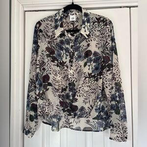 CAbi Sheer Blouse with Blue and Purple Floral Design